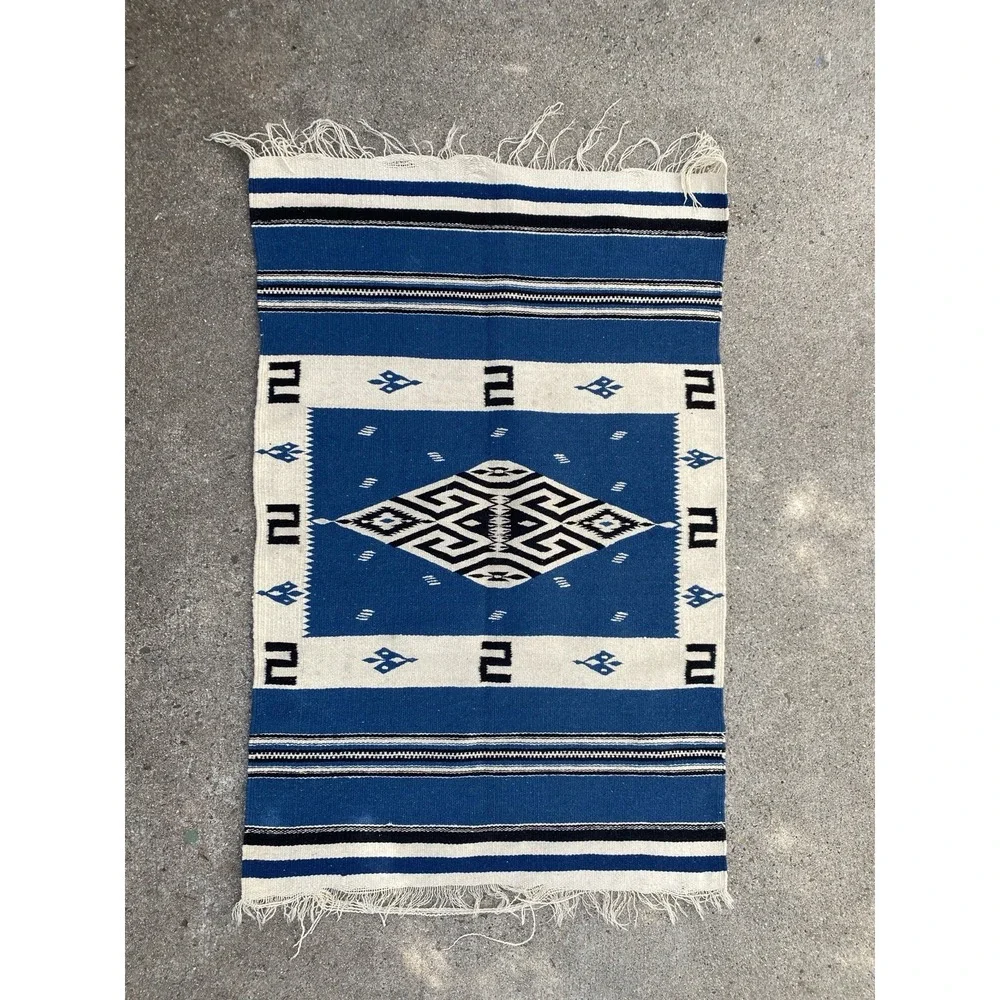 Antique Texcoco Rug Woven Blue Mexico Rio Grande 38x25 RARE